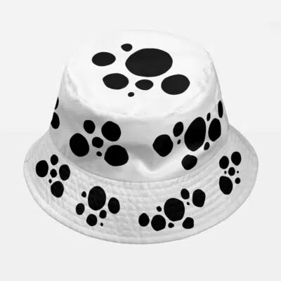 The Default Custom Bucket Hat (Copy) is white with a pattern of black circles in various sizes covering the brim, sides, and top. The hat is centered against a plain background.
