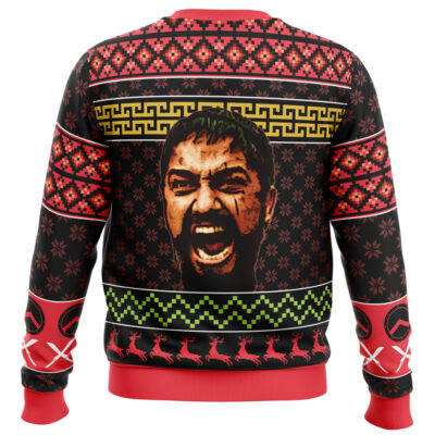 The Christmas Shou Tucker Best Dad Fullmetal Alchemist Ugly Christmas Sweater features snowflakes, reindeer, Greek motifs, and a large shouting man's face on the back. The sweater is mainly black, red, yellow, and green.