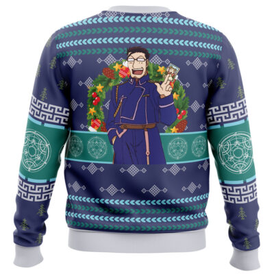 Celebrate the holidays with the Christmas Shou Tucker Best Dad Fullmetal Alchemist Ugly Christmas Sweater, featuring Shou Tucker in dark blue, smiling with a card, holiday wreath backdrop, geometric patterns, and green circles on the sleeves.