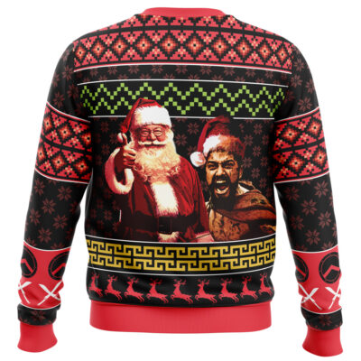 The Christmas Leonidas This Is Sparta 300 Ugly Christmas Sweater features Santa Claus giving a thumbs up, a joyful man in a Santa hat, and red and black holiday patterns with snowflakes, reindeer, and decorative borders.