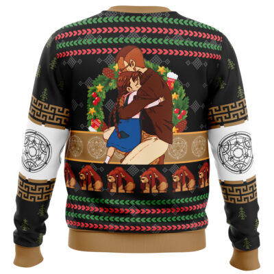 A festive Christmas Yamcha Death Pose Dragon Ball Z Ugly Christmas Sweater featuring an anime-style design, holiday wreaths, dachshund dogs, and geometric patterns along the sleeves and hem.