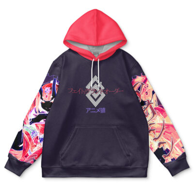 The Default Streetwear Hoodie (Copy) features a red hood, dark body, vibrant neon anime-style sleeve artwork, and Japanese text with a geometric design printed on the chest.