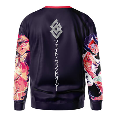 The Default Streetwear Sweatshirt (Copy) is a black jacket featuring colorful anime-style sleeve artwork, Japanese text running vertically down the back, and a geometric logo above the text.