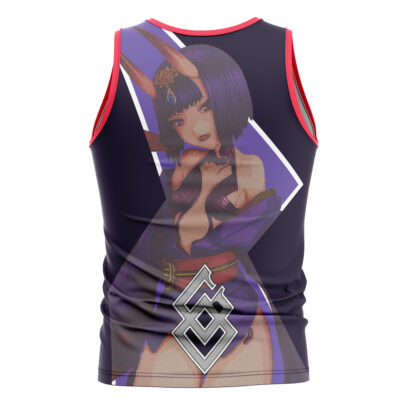 The Default Streetwear Tank Top (Copy) features anime-style art of a dark-haired bunny-eared girl in a revealing purple outfit with a decorative belt, accented with red trim and printed boldly on the back.