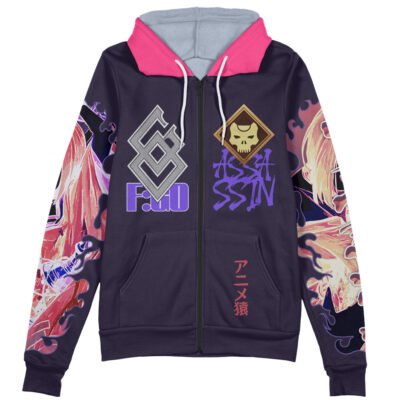The Default Streetwear Zip Hoodie Jacket (Copy) is a dark zip-up hoodie with pink hood lining, bold anime-style graphics, a skull emblem, ASSASSIN text, Japanese writing, and vibrant illustrated characters on both sleeves.