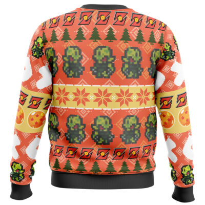 The Default Ugly Christmas Sweater (Copy) features a colorful pattern with pixelated green characters, Christmas trees, snowflakes, stars, and circles on an orange background with black cuffs and waistband.