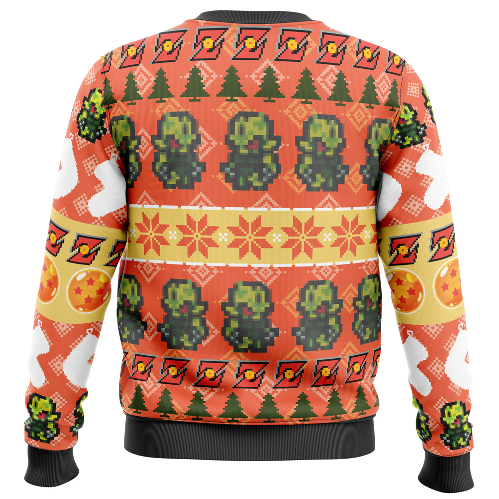 The Default Ugly Christmas Sweater (Copy) features a colorful pattern with pixelated green characters, Christmas trees, snowflakes, stars, and circles on an orange background with black cuffs and waistband.