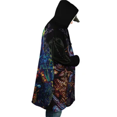 Person in profile view wearing a Crusader Templar Cross Dream Cloak Coat featuring vibrant, futuristic mechanical patterns, standing against a white background.