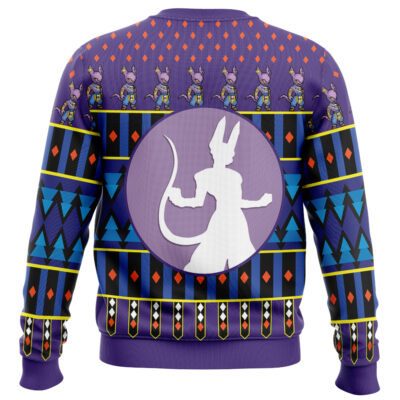 Back view of the Luigi Mangione Super Mario Bros Ugly Christmas Sweater featuring a large white horned cat-like figure in a purple circle, with geometric patterns and smaller matching characters on a purple background.