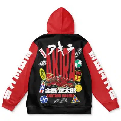 The Default Streetwear Hoodie (Copy) features red sleeves and hood, bold AKIRA text, colorful patches and logos on the black back, plus a red motorcycle graphic and SHOTARO KANEDA's name.