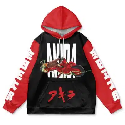 The Default Streetwear Hoodie (Copy) has red sleeves, a black body, a red motorcycle graphic, bold white AKIRA text, Japanese characters in red, and white sleeve text, all inspired by the anime Akira.