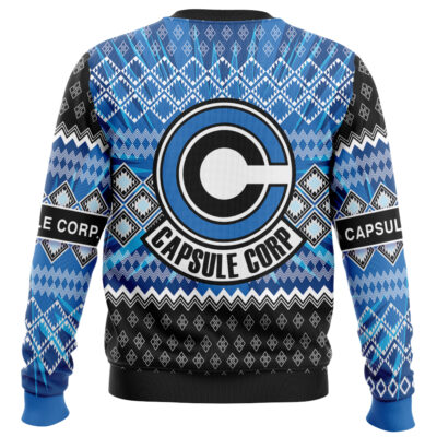 The Broly Dragon Ball Z Ugly Christmas Sweater features blue, black, and white geometric patterns, a large Capsule Corp logo on the back, and repeating Capsule Corp text on the sleeves—perfect for Dragon Ball fans.