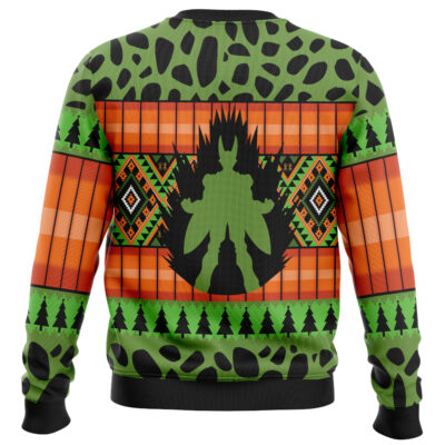 A green Capsule Corp Dragon Ball Z Ugly Christmas Sweater featuring black spots, orange and red geometric patterns, black tree silhouettes, and a large black silhouette of a spiky-haired character with an insect-like tail in the center.