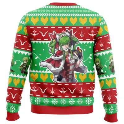 The Christmas Jigsaw Saw Ugly Christmas Sweater features an anime-style green-haired character in a Santa outfit on the back, with festive red and green colors, yellow hearts, white snowflakes, reindeer patterns, and smaller character images on the sides.