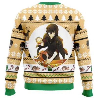 The Christmas Chuuya Nakahara Bungou Stray Dogs Ugly Christmas Sweater features green trim, Christmas trees, snowflakes, candy canes, and anime characters including Chuuya with brown hair holding a yellow item beside an orange dog.