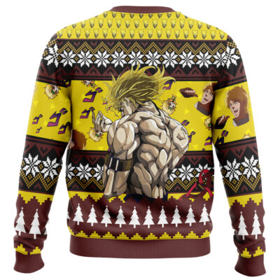 The Christmas Bruno Bucciarati Jojo's Bizarre Adventure Ugly Christmas Sweater features a festive muscular anime character design with blond hair, snowflakes, trees, and faces in yellow, brown, white, and red accents.