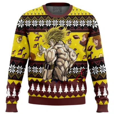 The Christmas Dio Brando Jojo's Bizarre Adventure Ugly Christmas Sweater features an anime-style blond muscular character, yellow and brown patterns, snowflakes, Christmas trees, and stylized faces on a bright festive background.