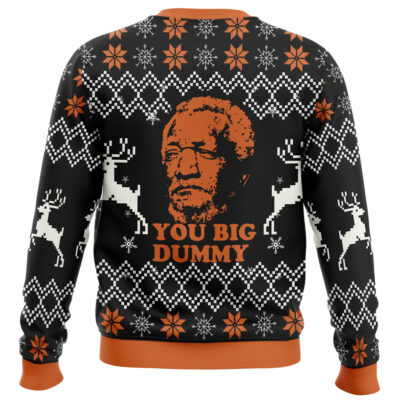 A festive sweater featuring Rigby and Mordecai from Regular Show, snowflakes, reindeer, and a bold YOU BIG DUMMY message on the back.