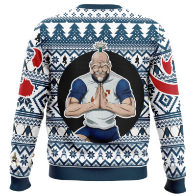 A blue and white "Christmas Hisoka Hunter x Hunter Ugly Christmas Sweater" with pixel snowflakes, trees, patterns, red bird sleeve designs, and a muscular bald cartoon man in a sports jersey on the back.