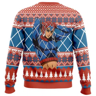 The Christmas Killer Queen Jojo's Bizarre Adventure Ugly Christmas Sweater features red, white, and blue patterns with snowflakes, trees, and diamonds, plus an illustrated character on the back in a blue and red outfit stretching.
