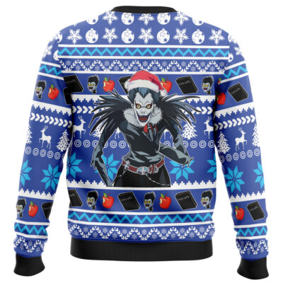 The Christmas Nate River Death Note Ugly Christmas Sweater features a festive blue design with Nate River in a Santa hat, wings, and surrounded by apples, notebooks, snowflakes, and holiday motifs.