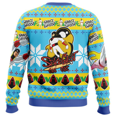 A blue “Christmas Graboid Tremors Ugly Christmas Sweater” with cartoon graphics, text, colorful patterns, red and yellow accents, and fun images inspired by Tremors.