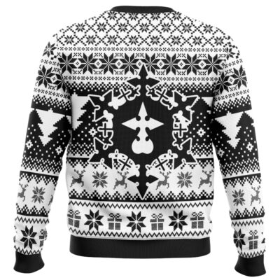 The Christmas Sora Kingdom Hearts Ugly Christmas Sweater features black and white pixelated snowflakes, trees, reindeer, and presents with a bold geometric centerpiece on the back.