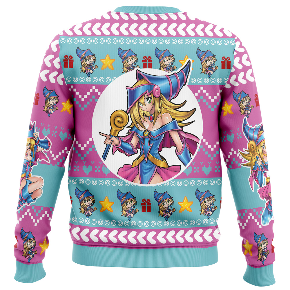 The Inkling Splatoon Ugly Christmas Sweater features an anime-style female magician in a purple hat, surrounded by stars, hearts, presents, and pixel patterns in pink, blue, and white.