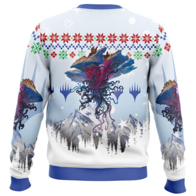 Christmas Brian Griffin Family Guy Christmas Sweater featuring a festive design with Brian above snowy mountains, evergreen trees, and geometric snowflake patterns.