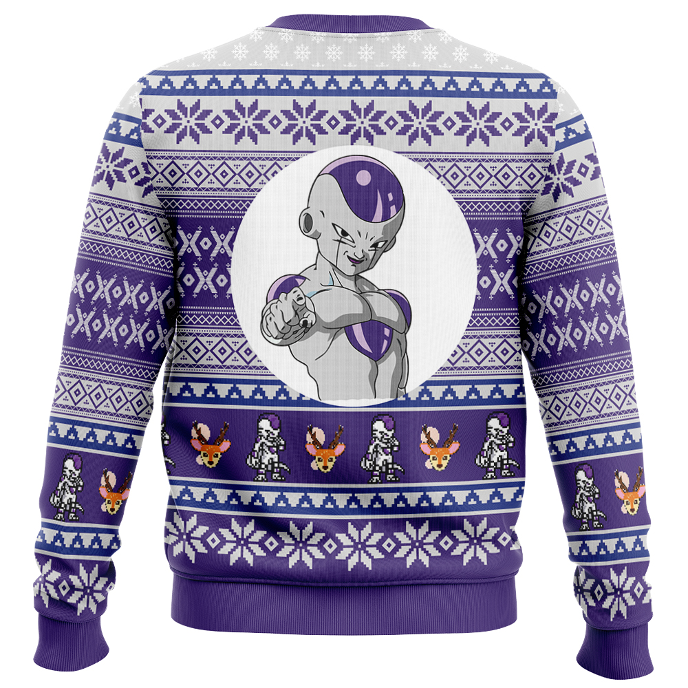 The Cell Dragon Ball Z Ugly Christmas Sweater features a purple and white design with snowflakes, the anime character Cell in a combat pose at the center, pixelated creatures on each side, and repeating snowy patterns.