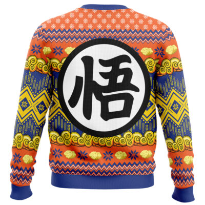 The Goku Dragon Ball Z Ugly Christmas Sweater features bold orange, blue, and yellow zigzag and cloud patterns, plus a large black and white circle with a stylized Chinese character on the back.