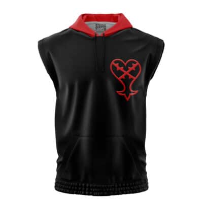 The Heartless Kingdom Hearts Sleeveless Hoodie is black with a red hood lining and drawstrings, a large jagged red heart emblem on the left chest, and a front kangaroo pocket.