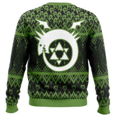 The Edward Elric Fullmetal Alchemist Ugly Christmas Sweater features green and black colors, stylized faces, zigzag patterns, and a central graphic of a dragon eating its tail around a recycling symbol.