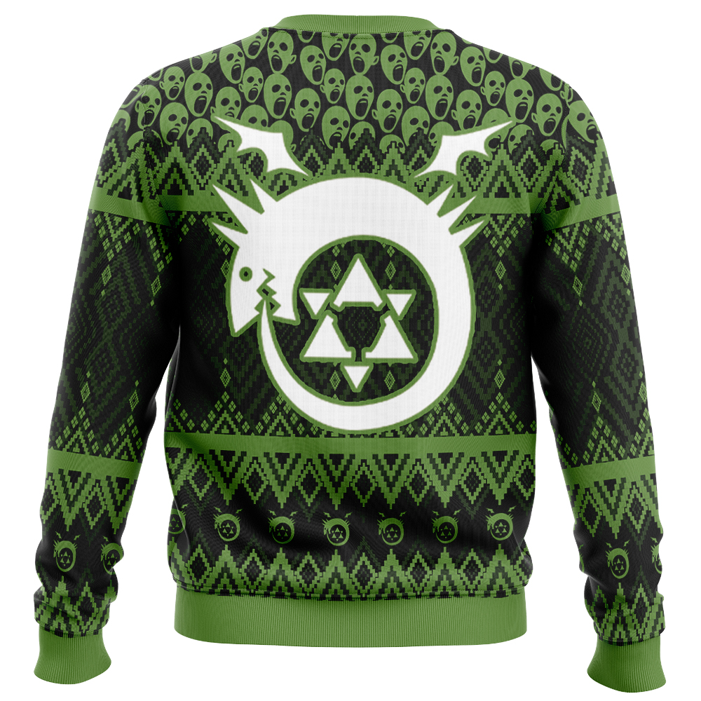 The Edward Elric Fullmetal Alchemist Ugly Christmas Sweater features green and black colors, stylized faces, zigzag patterns, and a central graphic of a dragon eating its tail around a recycling symbol.