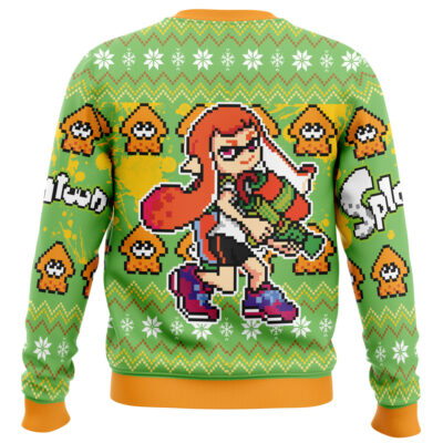 The Zoinks Shaggy Scooby Doo Ugly Christmas Sweater features a pixel art Shaggy with orange hair and a paint gun, surrounded by small orange squid, white snowflakes, and green and yellow Splatoon-inspired patterns.