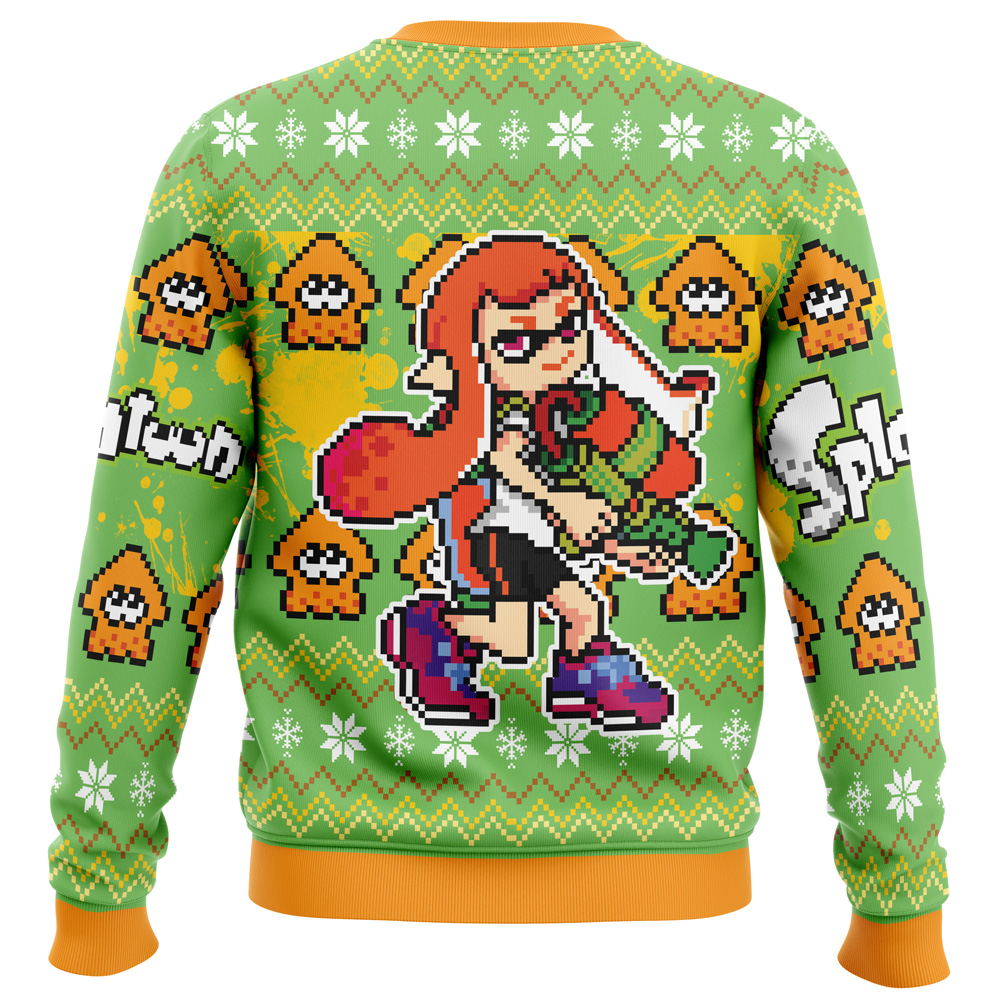 The Zoinks Shaggy Scooby Doo Ugly Christmas Sweater features a pixel art Shaggy with orange hair and a paint gun, surrounded by small orange squid, white snowflakes, and green and yellow Splatoon-inspired patterns.