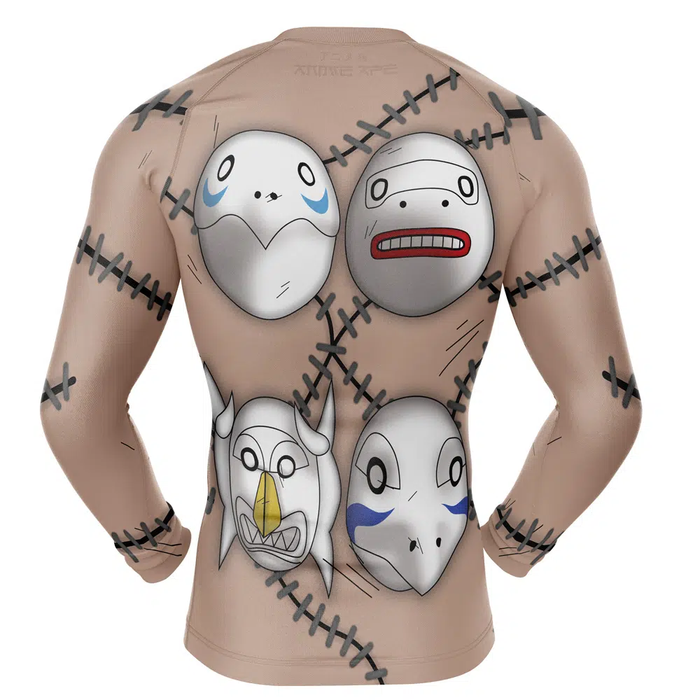 The Default BBJ MMA Fight Shorts feature a beige stitched pattern and four unique cartoon-style mask designs on the back, each with different facial expressions and shapes.
