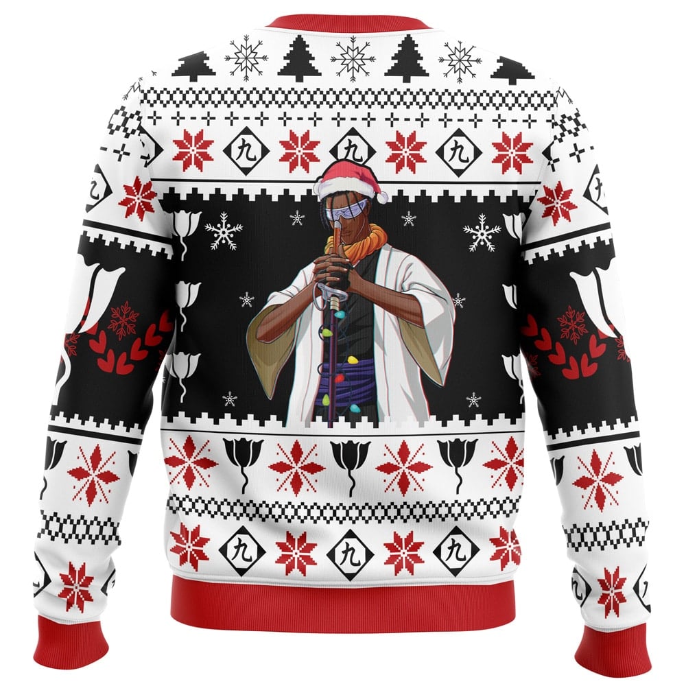 The Ciel Phantomhive Black Butler Ugly Christmas Sweater features an anime character in a Santa hat and scarf with a sword, set against red, black, and white patterns of snowflakes, trees, and geometric holiday designs.