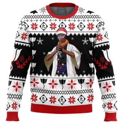 The Ciel Phantomhive Black Butler Ugly Christmas Sweater features a central illustration of Ciel in white robes and glasses holding a staff, surrounded by red, black, and white holiday patterns with snowflakes and geometric shapes.
