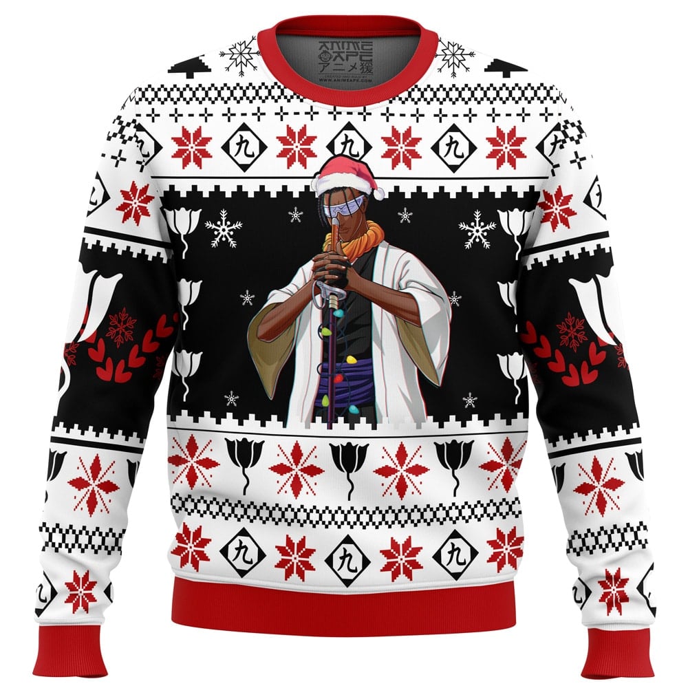 The Ciel Phantomhive Black Butler Ugly Christmas Sweater features a central illustration of Ciel in white robes and glasses holding a staff, surrounded by red, black, and white holiday patterns with snowflakes and geometric shapes.