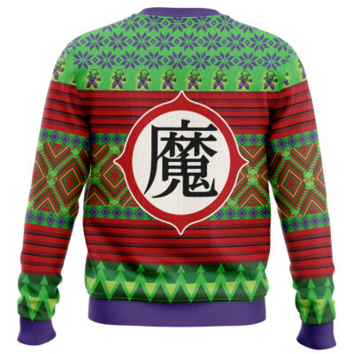 The Majin Buu Dragon Ball Z Ugly Christmas Sweater features green, red, and purple geometric patterns, playful ninja figures, and a bold black kanji symbol inside a white circle on the back.