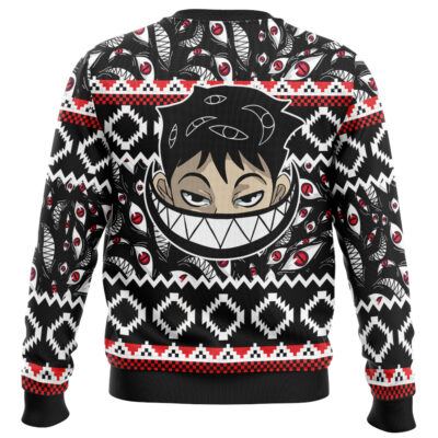 The Homunculi Fullmetal Alchemist Ugly Christmas Sweater features bold black, white, and red geometric patterns with a large cartoon face on the back, sharp teeth, mischievous eyes, and black tendrils with red and white eyes.