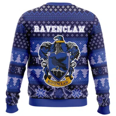 A yellow and black sweater features the Hufflepuff crest from Harry Potter, with a badger and HUFFLEPUFF text above it, surrounded by snowflake, tree, and star patterns.