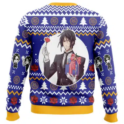 The "I'm Here For Christmas Food Kirby Pokemon Ugly Christmas Sweater" is a blue and yellow sweater with anime-style art of Kirby in festive scenes, surrounded by roses, snowflakes, and stylized trees.
