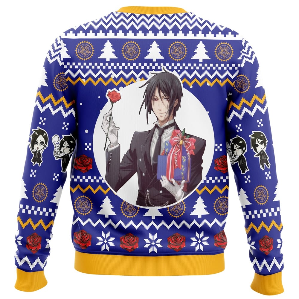 The "I'm Here For Christmas Food Kirby Pokemon Ugly Christmas Sweater" is a blue and yellow sweater with anime-style art of Kirby in festive scenes, surrounded by roses, snowflakes, and stylized trees.
