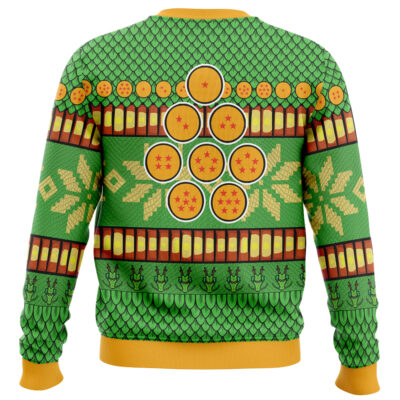 The Piccolo Dragon Ball Z Ugly Christmas Sweater features festive green fabric with orange trim, dragon scale patterns, dragon motifs, and a central design inspired by Dragon Balls with seven orange star-patterned spheres.
