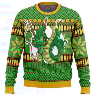 The Shenron Dragon Ball Z Ugly Christmas Sweater features a central dragon illustration, green base, orange and yellow accents, dragon ball patterns, festive snowflake and scale designs, with yellow collar, cuffs, and hem.