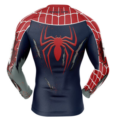 The Default BBJ MMA Fight Shorts feature a red spider emblem on the back, red and white web patterns on the sides, and blue panels with graphic rips and claw marks, inspired by Spider-Man.