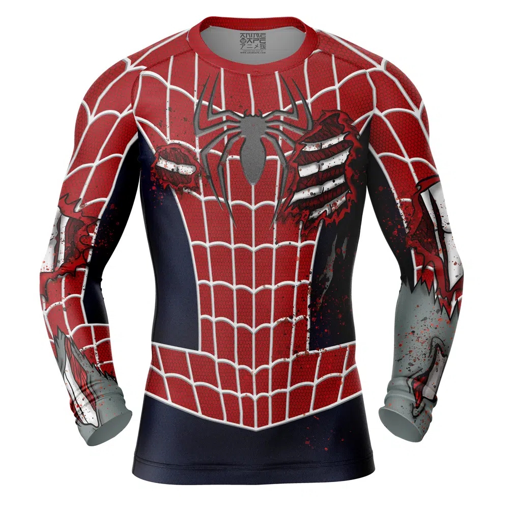 The Default BBJ MMA Fight Shorts feature a Spider-Man suit-inspired design with red, blue, and white web patterns, plus graphic claw marks and rips that reveal a dark, monstrous layer underneath.