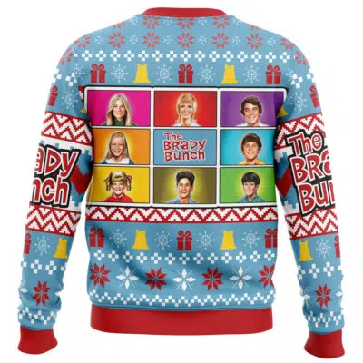 A blue holiday sweater featuring snowflakes, presents, yellow bells, and the "If You Ain't First You're Last" Talladega Nights logo in a festive design.